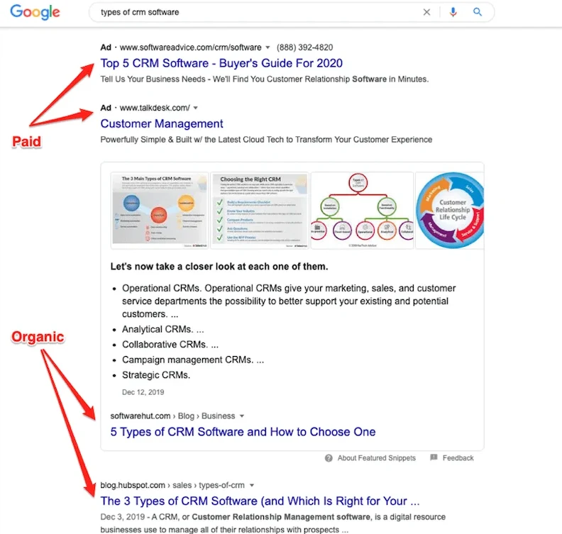 Google Search results distinguishing between Paid Ads and Organic SEO search rankings